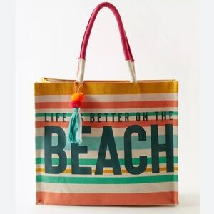 Vibrant Canvas Beach Tote Bag in Pink  Green and Orange Stripes